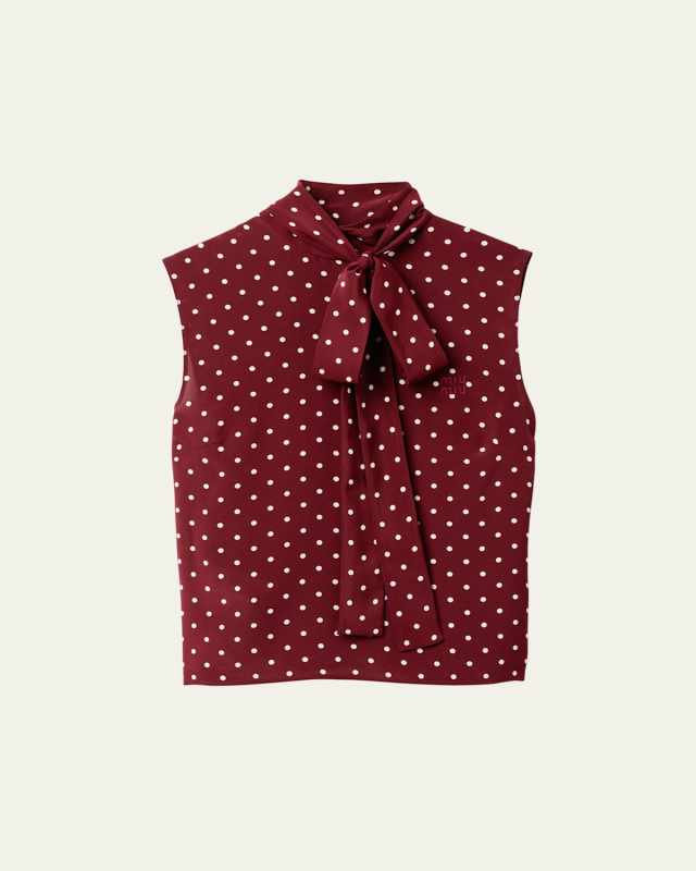 Polka Dot Crepe de Chine Scarf Collar Top